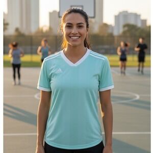 Adidas Climalite T-Shirt Women's Medium Teal Green White Striped Athletic Active